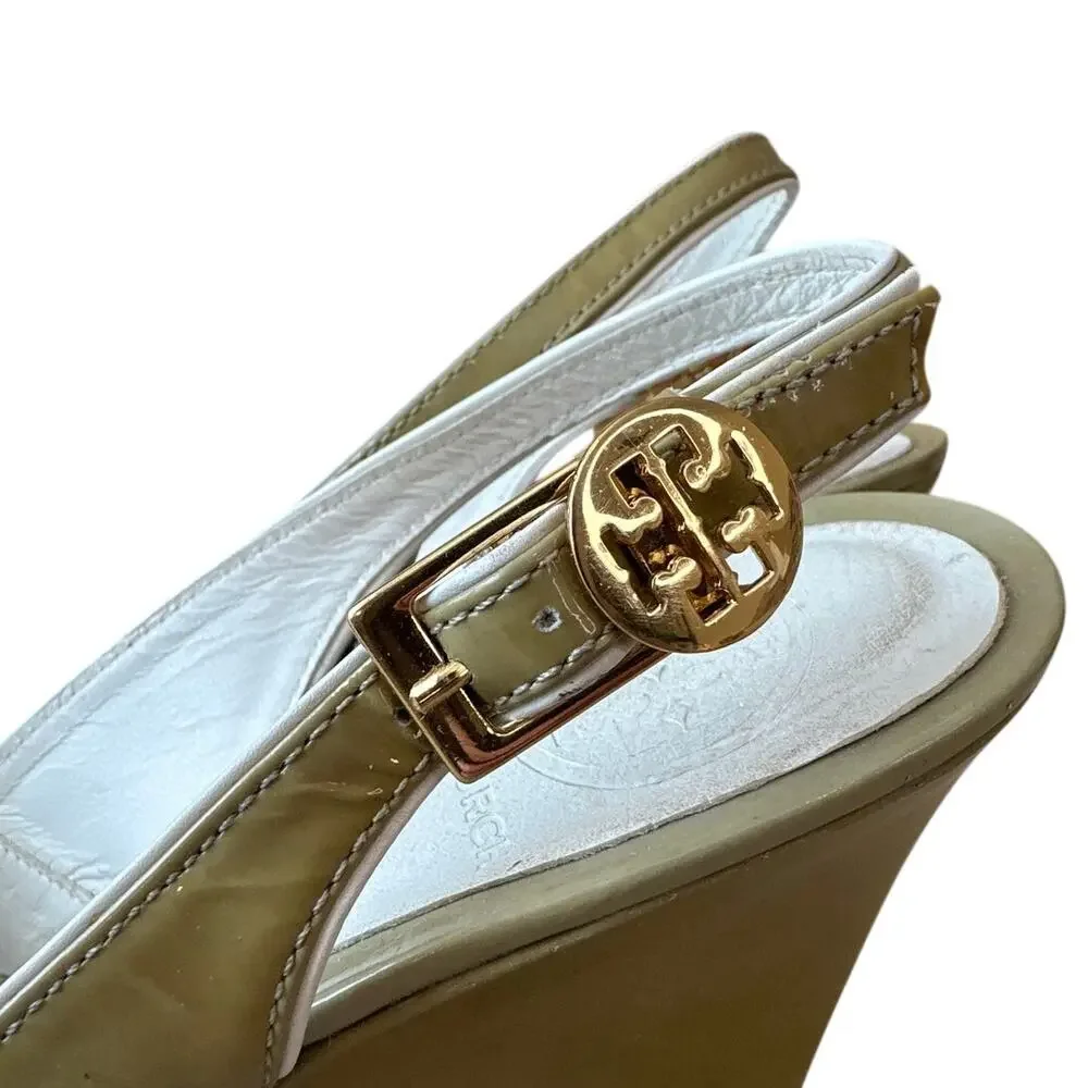 Tory Burch Ella Wedge Slingback Peep Toe Patent Sandals 7